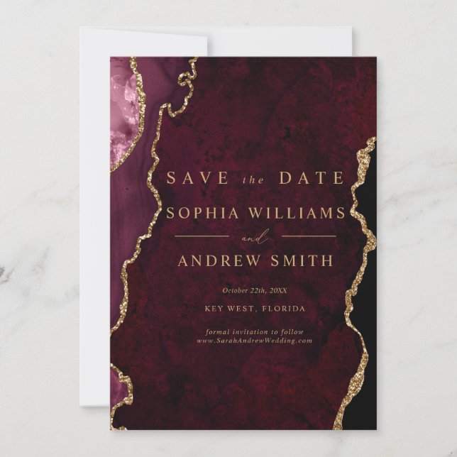 Invitation Date Mariage Moderne Or Noir & Bourgogne (Devant)