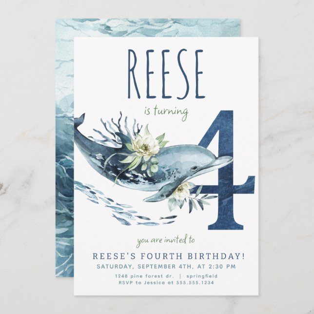 Invitation Dauphin 4e anniversaire (Devant / Derrière)