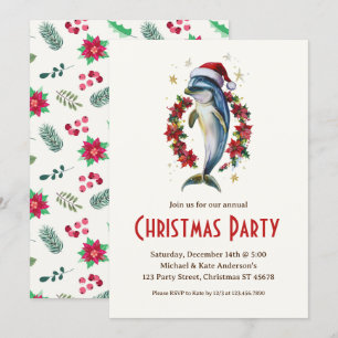 Invitation Dauphin dans un Santa Hat Poinsettias fête de Noël