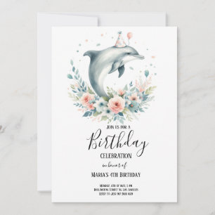 Invitation Dauphin d'aquarelle avec fleurs Fête d'anniversair