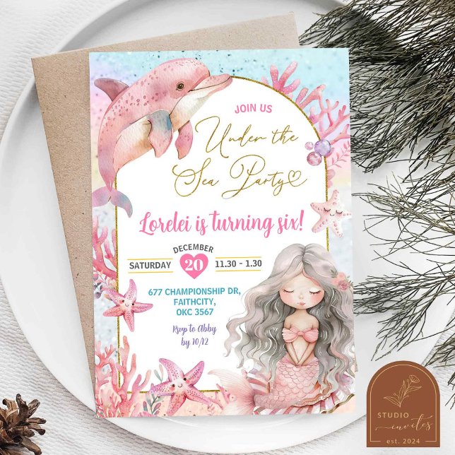 Invitation Dauphin rose Sirène Fête de la mer Anniversaire Fi (Créateur téléchargé)