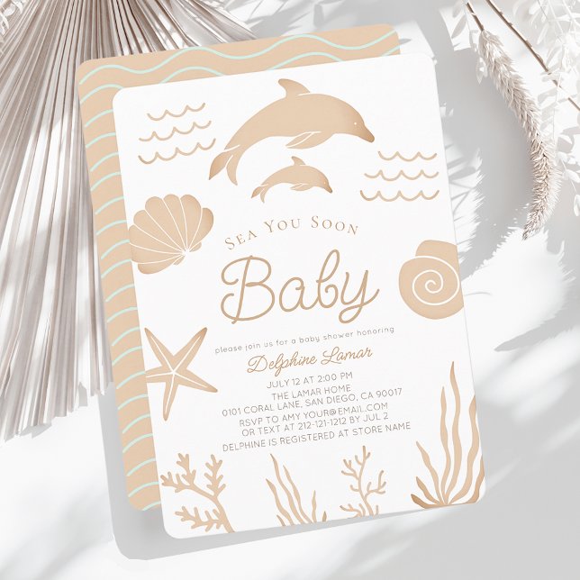 Invitation Dauphins & Coquillages Mer Vous Bientôt Tan Baby s (Créateur téléchargé)