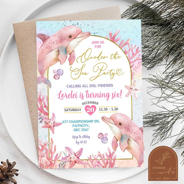 Invitation Dauphins rose Fête de la mer Premier anniversaire  (Créateur téléchargé)