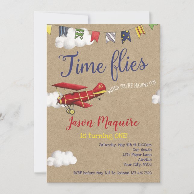 Invitation d'avion vintage, 1er anniversaire pour  (Devant)