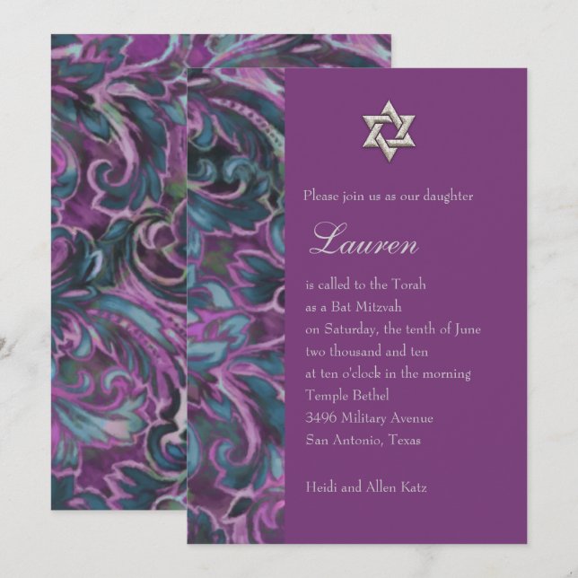 Invitation Dazzant Damask violet et Turquoise (Devant / Derrière)