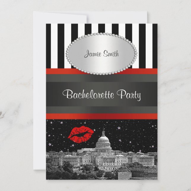 Invitation DC Skyline Blk Wht Strp Red Kiss Bachelorette (Devant)