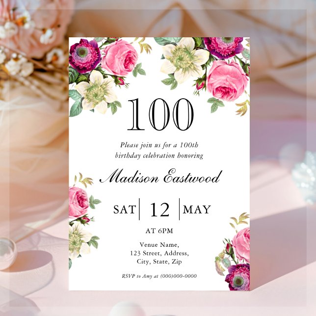 Invitation de 100e anniversaire de la florale rose (Créateur téléchargé)