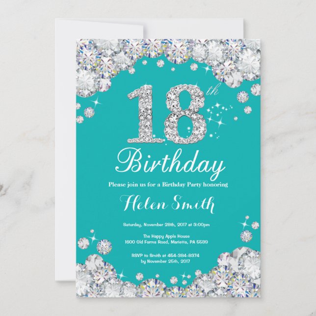 Invitation de 18e anniversaire Diamant Turquoise e (Devant)
