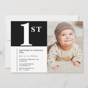 Invitation de 1er anniversaire noir Chic Garçon Ph