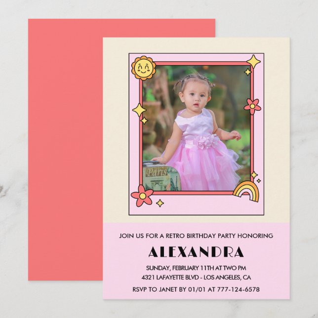 Invitation de 2e anniversaire Retro Super rose flo (Devant / Derrière)