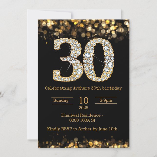 Invitation de 30e anniversaire en or noir (Devant)