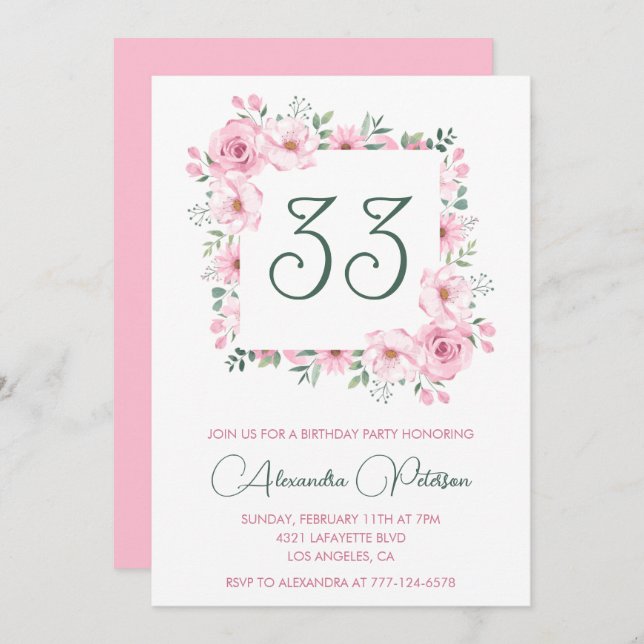 Invitation de 33e anniversaire Boho Floral Pink El (Devant / Derrière)