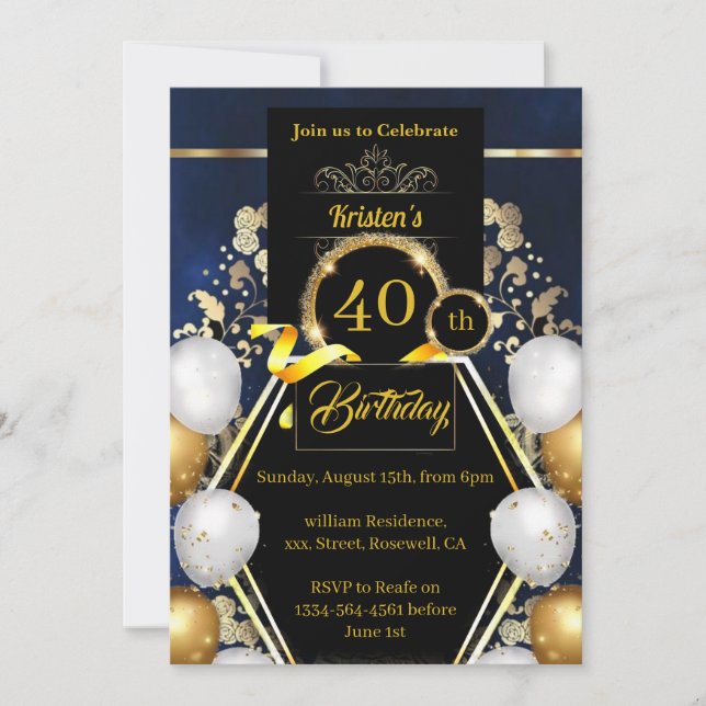 Invitation de 40e anniversaire Gold et Black (Devant)