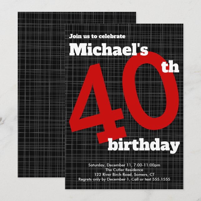 Invitation de 40e anniversaire Noir avec accent ro (Devant / Derrière)