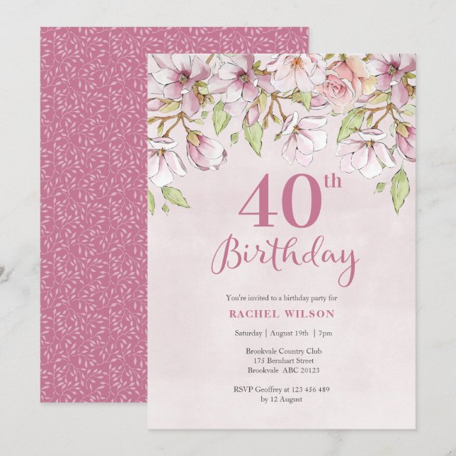 Invitation de 40e anniversaire Pink Floral (Devant / Derrière)