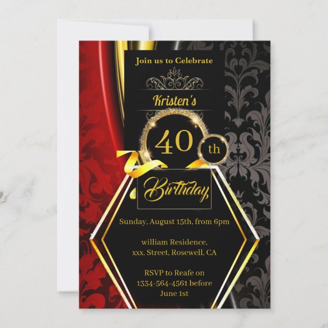 Invitation de 40e anniversaire rouge et or (Devant)