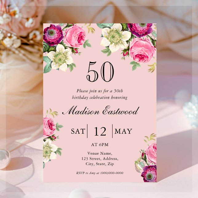 Invitation de 50e anniversaire de la florale rose (Créateur téléchargé)