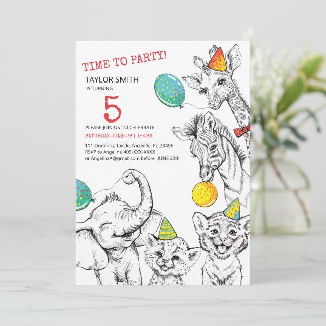 Invitation de 5ème anniversaire avec drôle animal  (Debout devant)