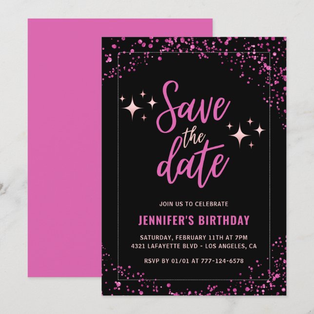 Invitation de 68e anniversaire Pink Black Enregist (Devant / Derrière)