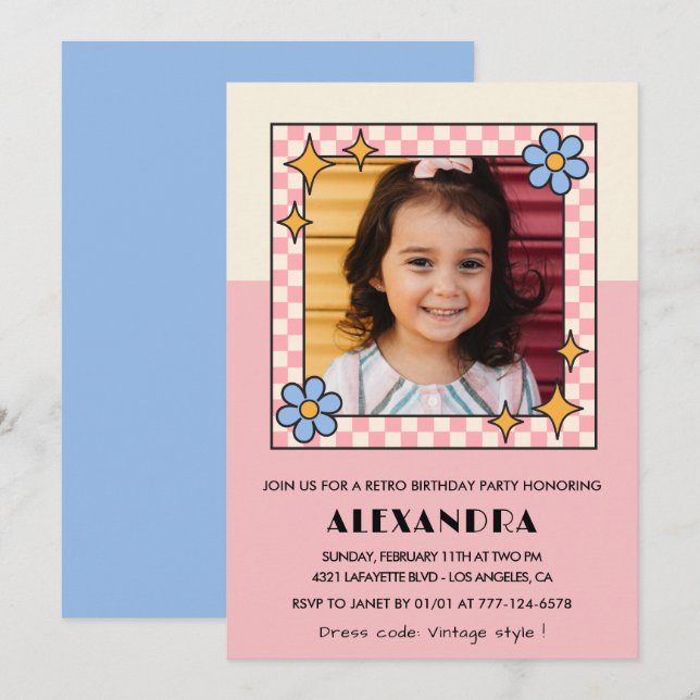 Invitation de 6e anniversaire Retro Super Rose Fle (Devant / Derrière)