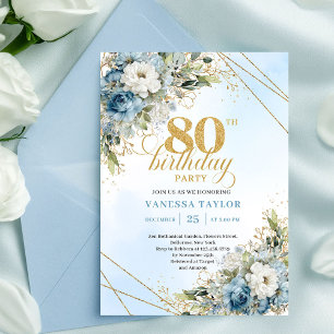 Invitation de 80 ans élégante Dusty Blue Floral Go
