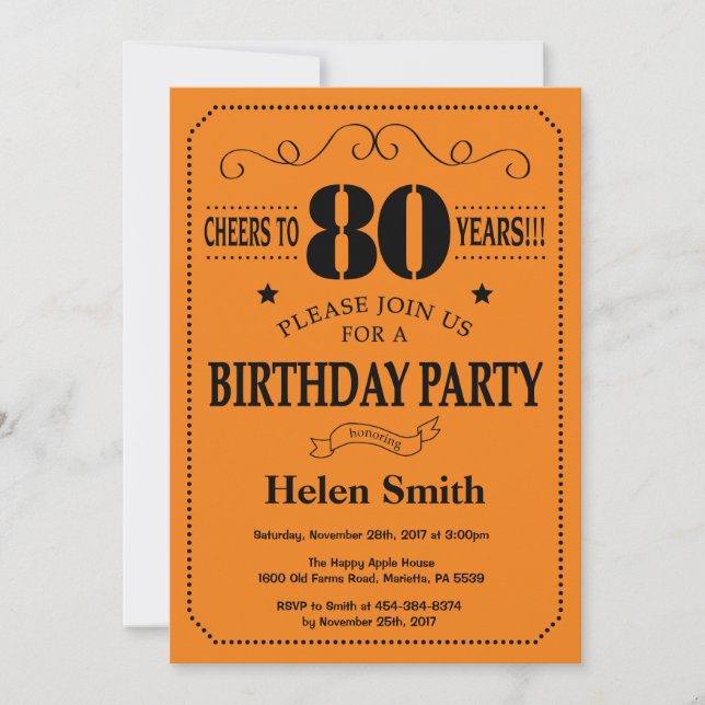 Invitation de 80e anniversaire Noir et orange (Devant)