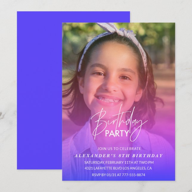 Invitation de 8e anniversaire Fête Photo Arc en ci (Devant / Derrière)