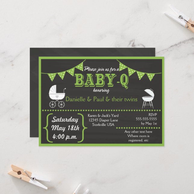 Invitation de Baby-Q Chalkboard Green à la baby sh (Devant/Arrière en situation)