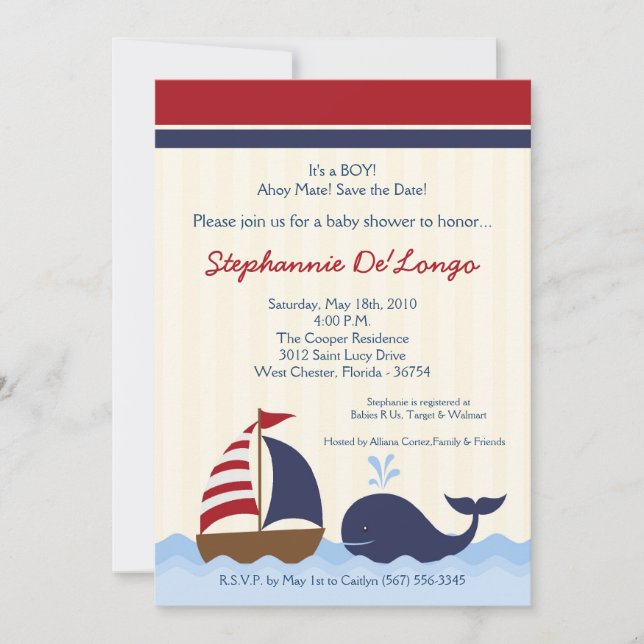 Invitation de Baby Shower 5x7 AhoyNautical Baleine (Devant)