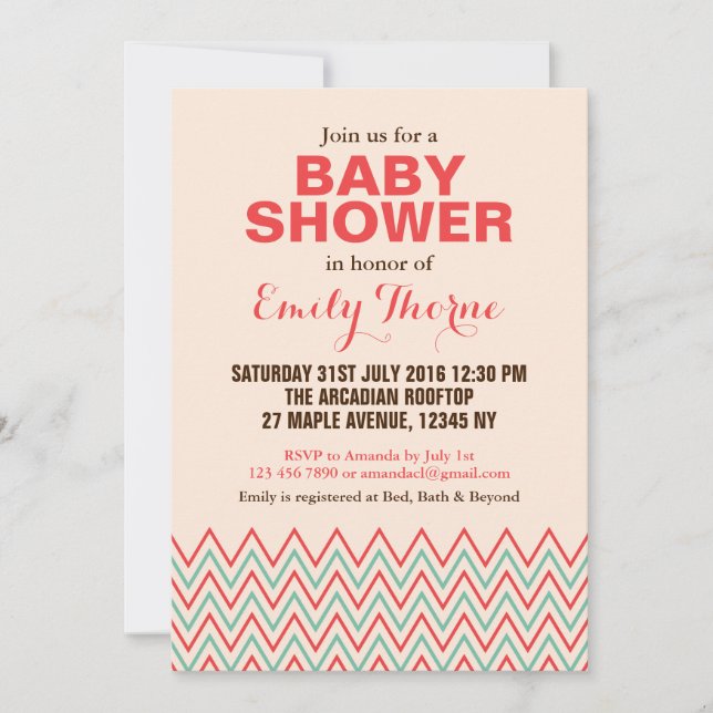 Invitation de Baby Shower à motif chevron rose et  (Devant)