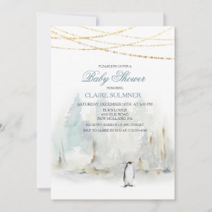 Invitation de baby shower au pingouin d'hiver aqua
