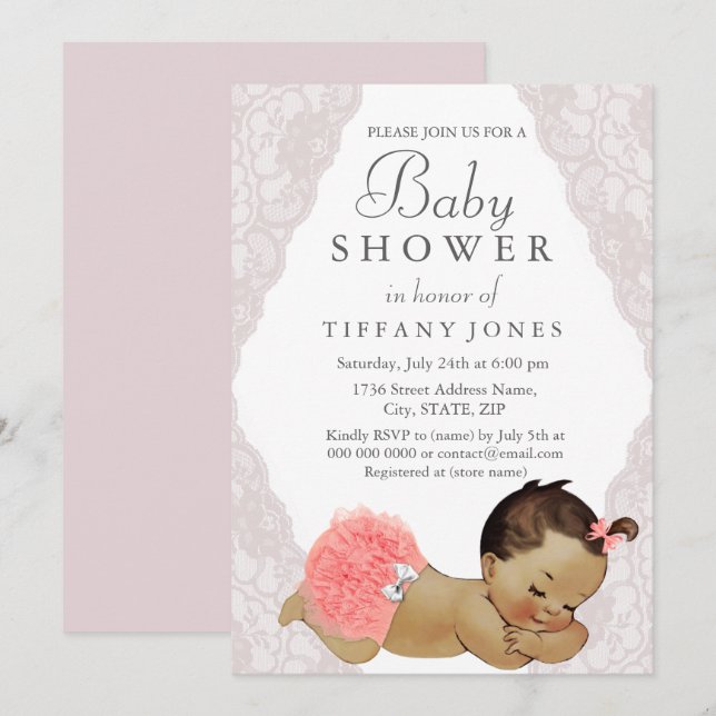 Invitation de baby shower avec dentelle rose bébé  (Devant / Derrière)