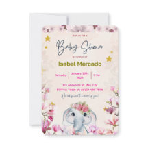 Invitation de Baby Shower avec éléphant floral.