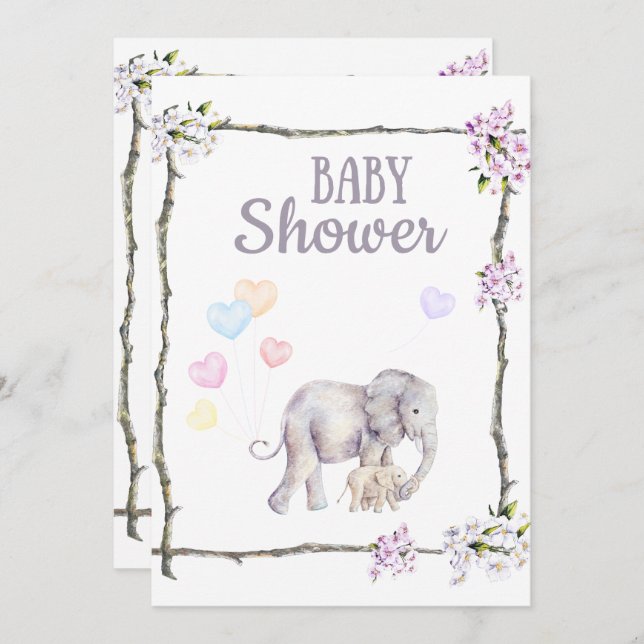 Invitation de baby shower avec l'éléphant de bébé (Devant / Derrière)