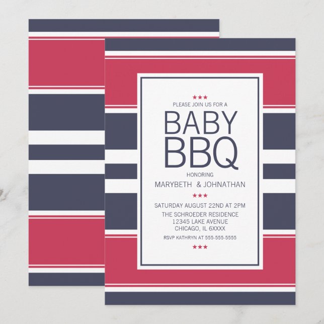 Invitation de Baby shower BBQ Preppy Rouge, Blanc  (Devant / Derrière)