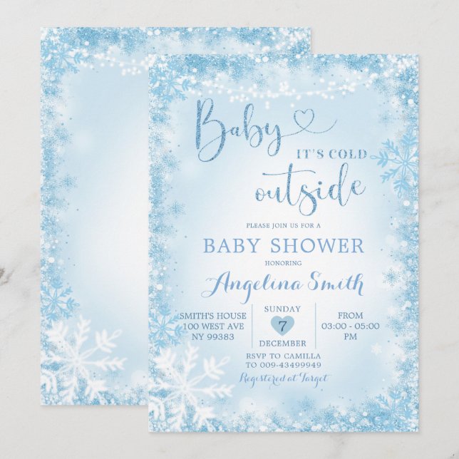Invitation de Baby shower blanc d'hiver bleu doux1 (Devant / Derrière)