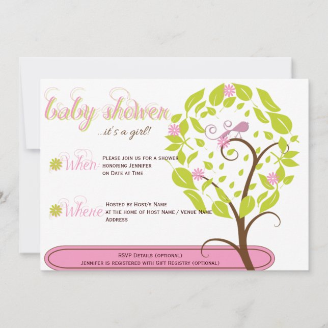 Invitation de Baby shower blanc rose et vert (Devant)