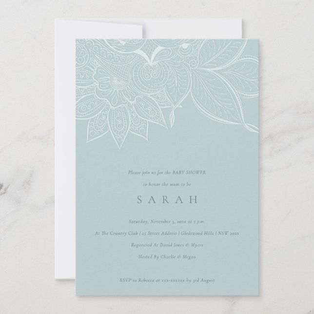 Invitation de Baby shower Bleu Bleu Paisley Orné C (Devant)