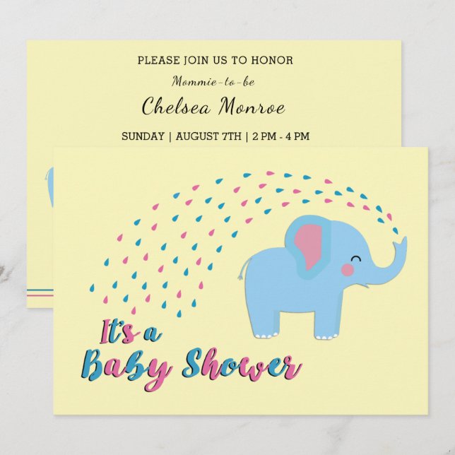 Invitation de Baby shower bleu et rose de l'élépha (Devant / Derrière)