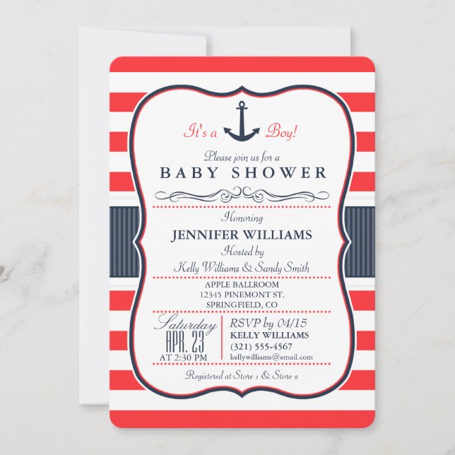 Invitation de Baby shower bleu et rouge de la Mari (Devant)