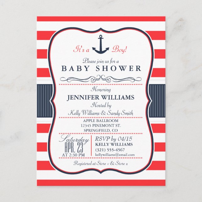 Invitation de Baby shower bleu et rouge de la Mari (Devant)