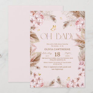 Invitation de Baby Shower Bohème Rustique Rose Pou