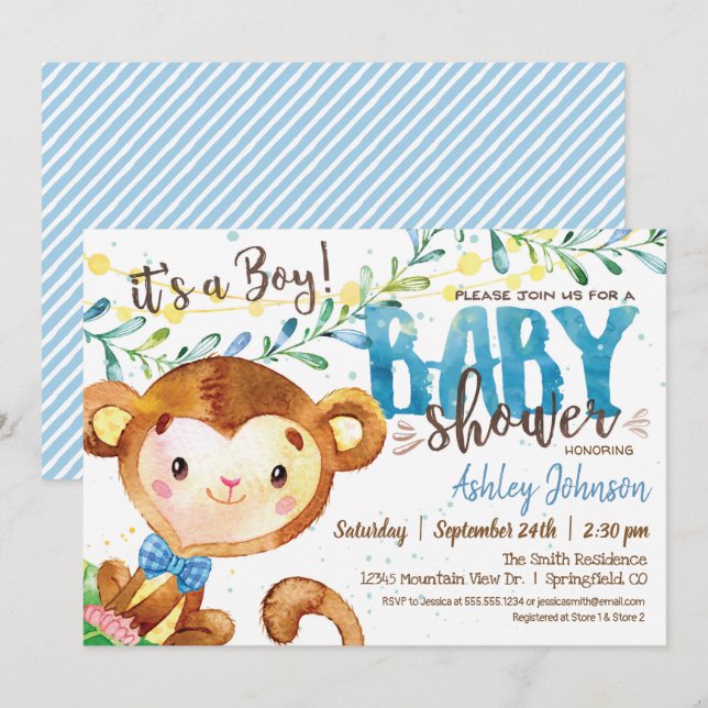Invitation de Baby shower Boy Monkey (Devant / Derrière)