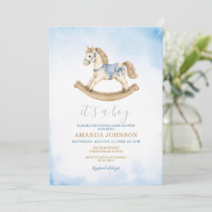Invitation de Baby Shower Cheval à Bascule Bleu