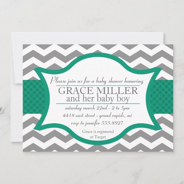 invitation de Baby shower Chevron. Gray and Jade (Devant)