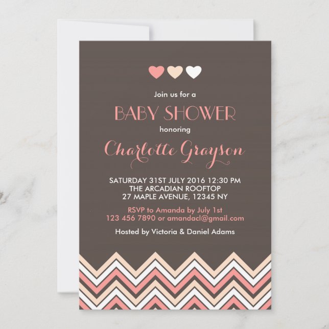 Invitation de Baby Shower Chevron Gris et Rose (Devant)
