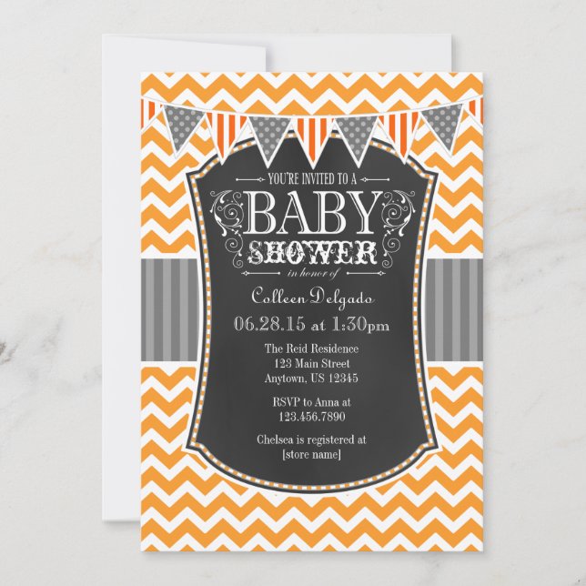 Invitation de Baby shower Chevron Orange Chalkboar (Devant)