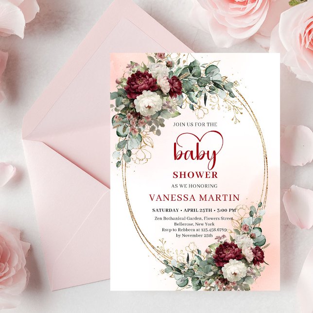 Invitation de baby shower chic bordeaux or script (Chic Burgundy Gold Script Baby Shower Invitation

)