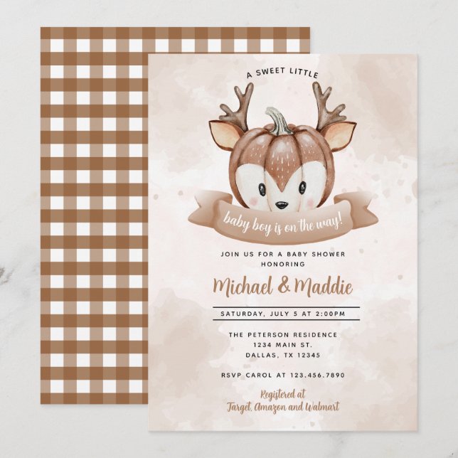 Invitation de Baby shower Citrouille de cerfs de b (Devant / Derrière)