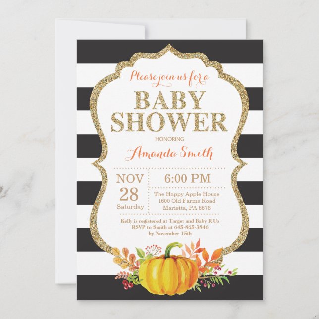 Invitation de Baby shower Citrouille noir et or (Devant)